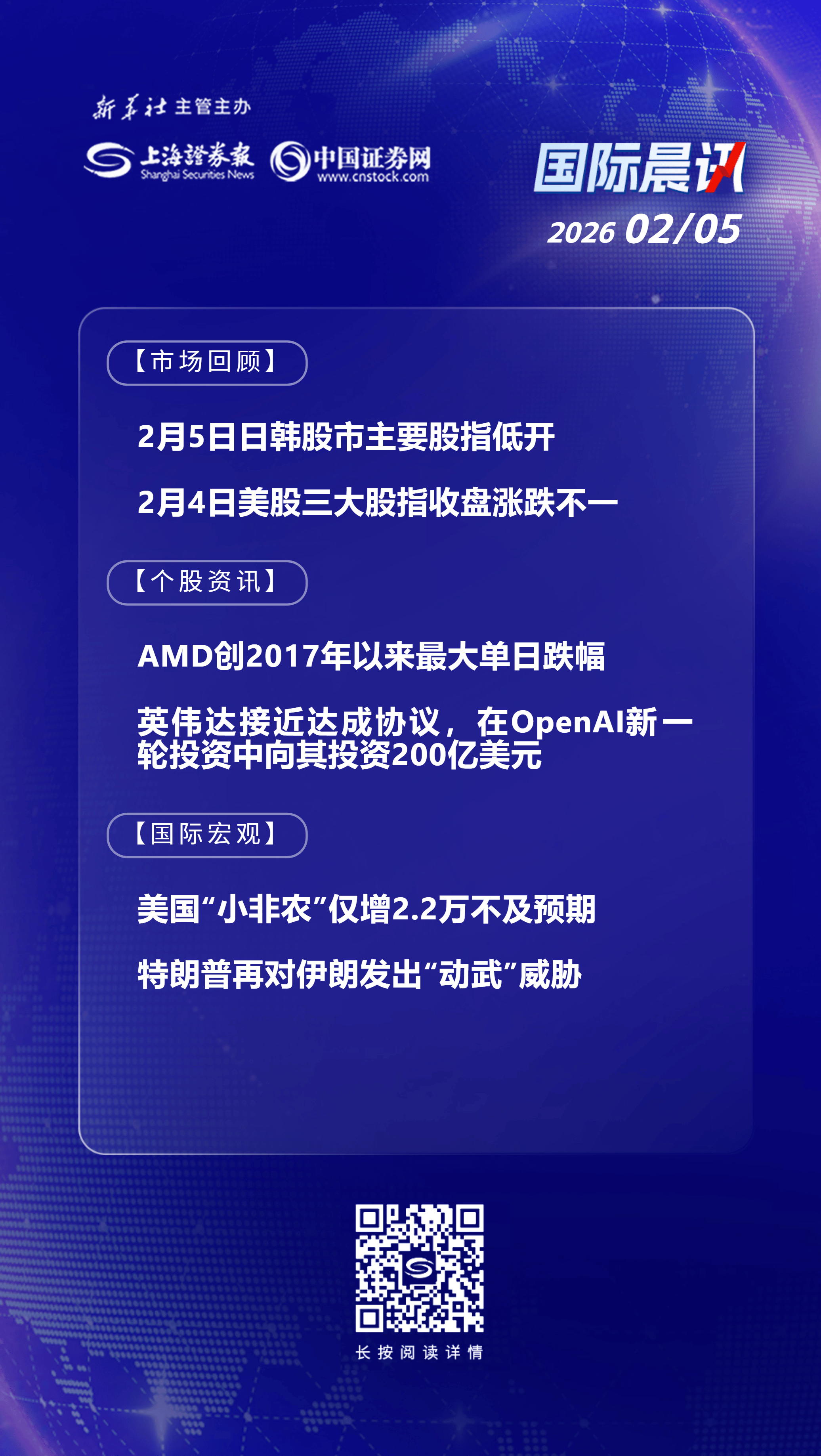 2月5日国际晨讯丨AMD创2017年以来最大单日跌幅 美国“小非农”仅增2.2万不及预期 