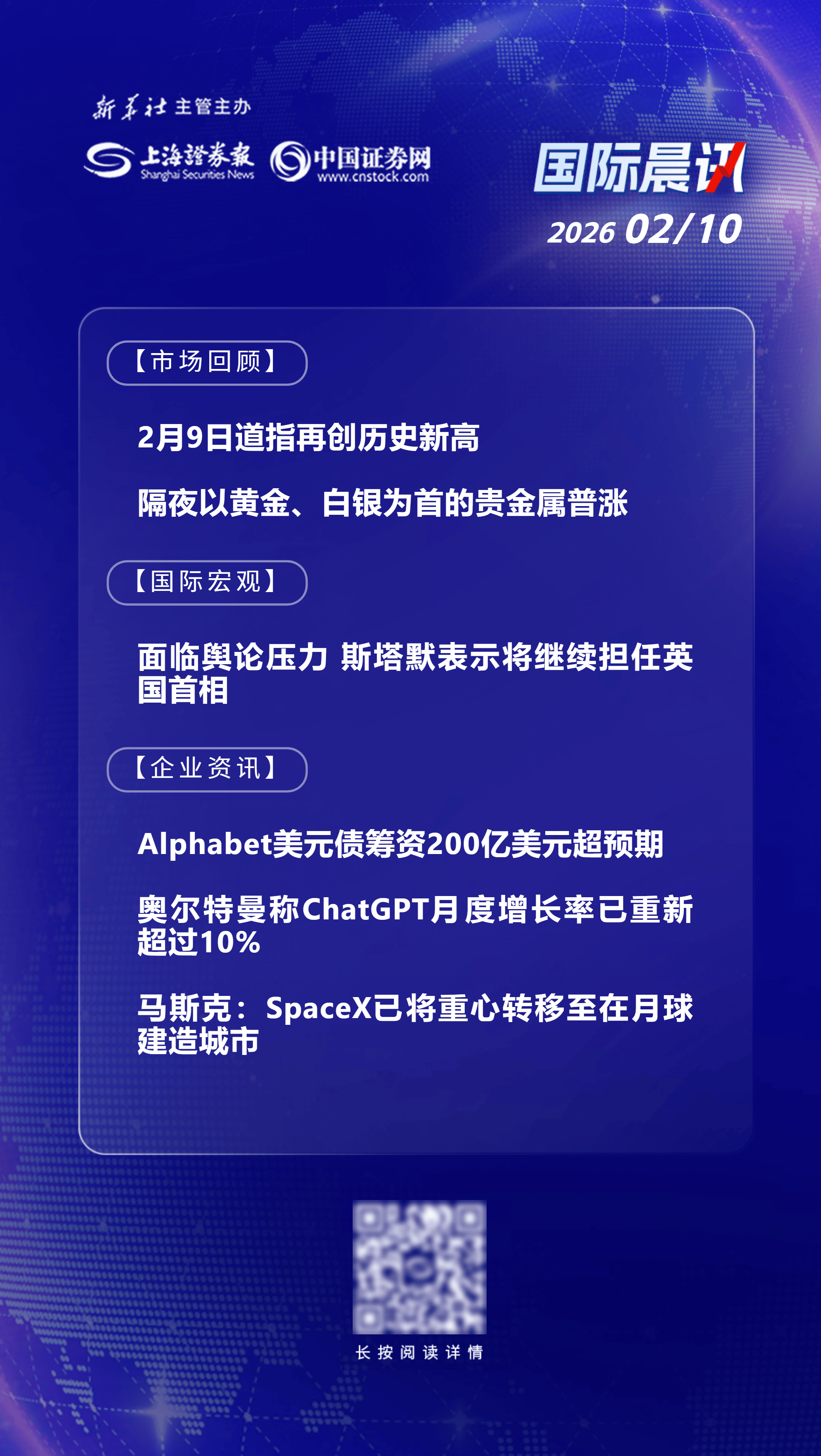 2月10日国际晨讯丨道指再创历史新高 Alphabet美元债筹资200亿美元超预期
