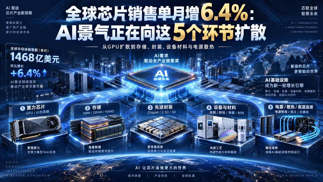 全球芯片销售单月增6.4%：AI景气正在向这5个环节扩散 